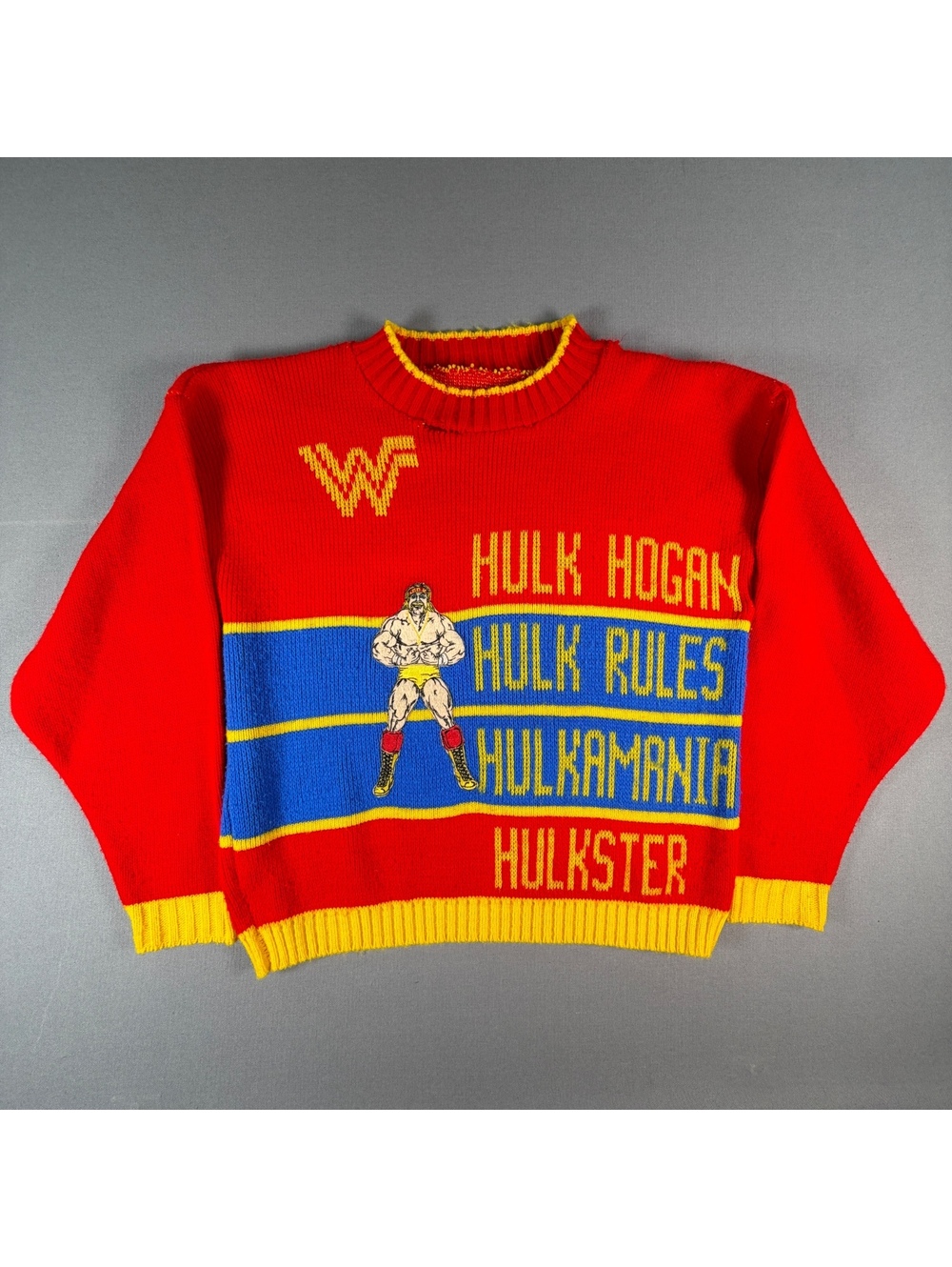 VTG WWF Hulk Hogan Sweater Mens S Red Yellow Hulk Rule Hulkamania Wrestling Knit